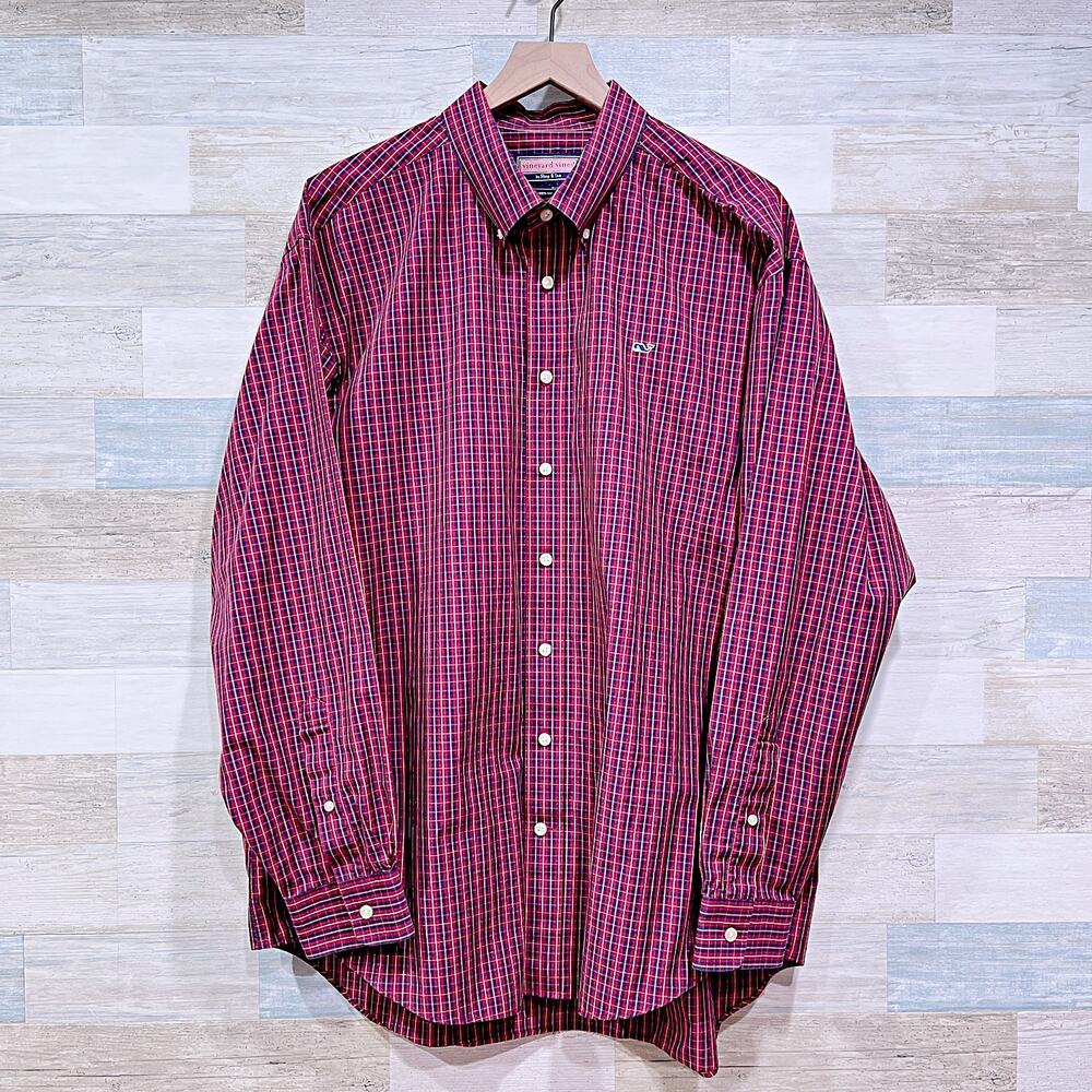 Vineyard Vines Oxford Whale Shirt Red Blue Plaid Long Sleeve Cotton Mens XL